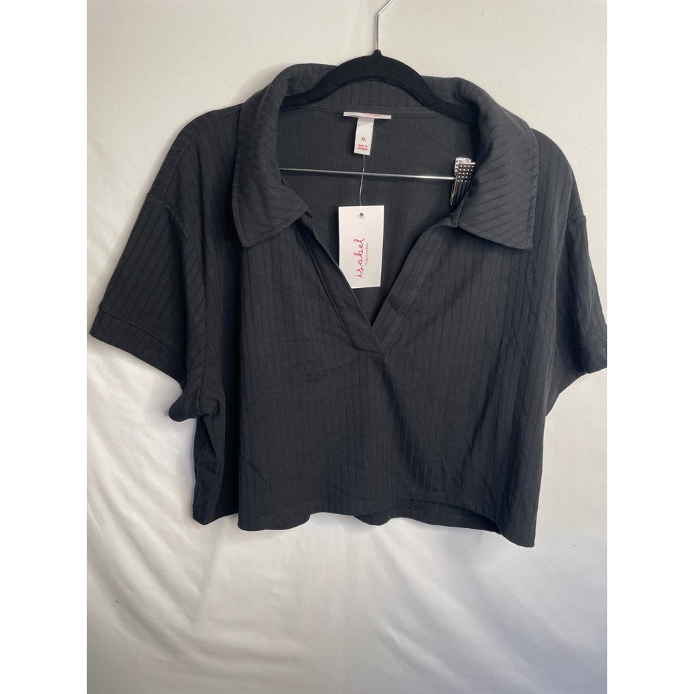 Isabel by Ingrid & Isabel Black Ribbed Maternity Polo Top V-Neck Cropped XL NWT